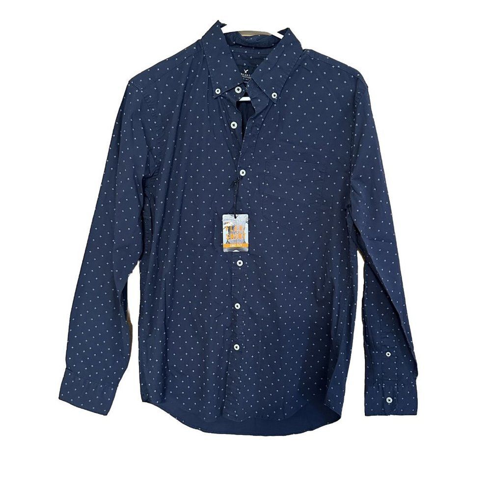 American Eagle Men S Button Front Flex Shirt Blue Classic Fit Long Sleeve $50